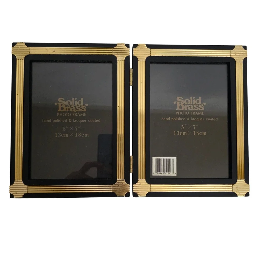 Solid Brass Double Photo Frame Black Gold Finish 5x7‎ Lacquer Coated Art Deco